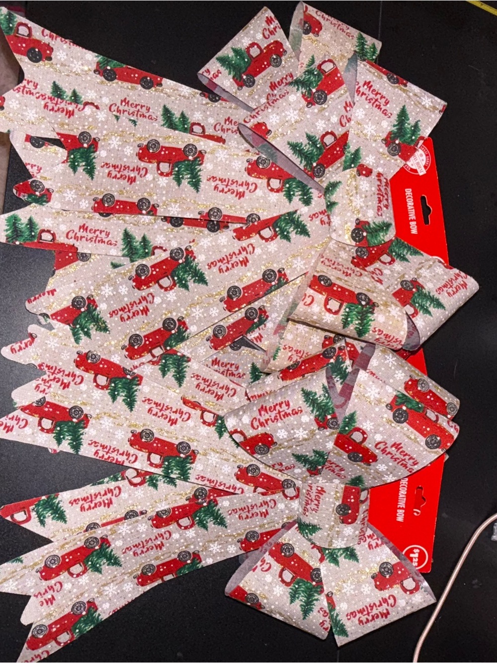 6 Red Truck Christmas Ribbon Bow with Green Trees and Gold Accents